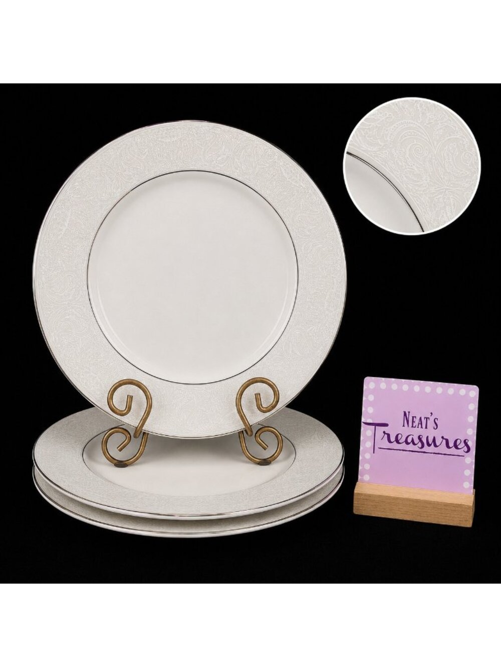 American Manor China CHANTILLY Cream Flowers Platinum Trim Dinner Plates Set 3